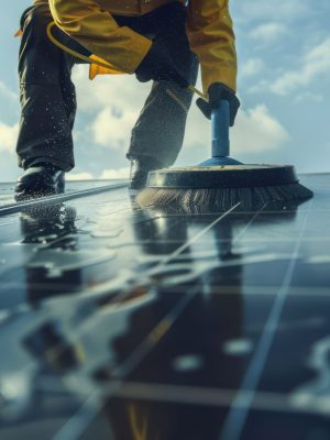 a man that is cleanining photovoltaic panels with a rotating brush, realistic, shot by nikon camera stock photo --ar 16:9 --style raw Job ID: b8def45c-00ed-454c-b869-b692cd028af9